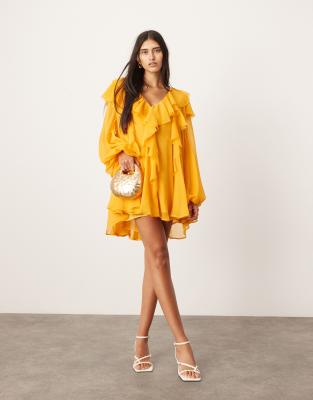 ASOS EDITION - Chiffon-Minikleid in Orange mit unverarbeitetem Saum und Rüschen-Schwarz