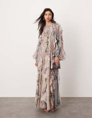 chiffon raw edge ruffle maxi dress with balloon sleeve in mixed floral print-Multi