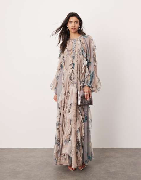 ASOS EDITION chiffon raw edge ruffle maxi dress with balloon sleeve in mixed floral print 