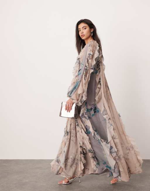 ASOS EDITION chiffon raw edge ruffle maxi dress with balloon sleeve in mixed floral print , 2 of 4
