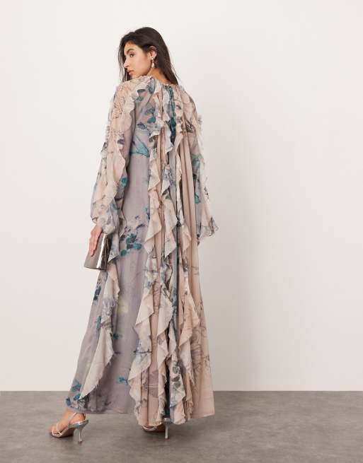ASOS EDITION chiffon raw edge ruffle maxi dress with balloon sleeve in mixed floral print , 3 of 4