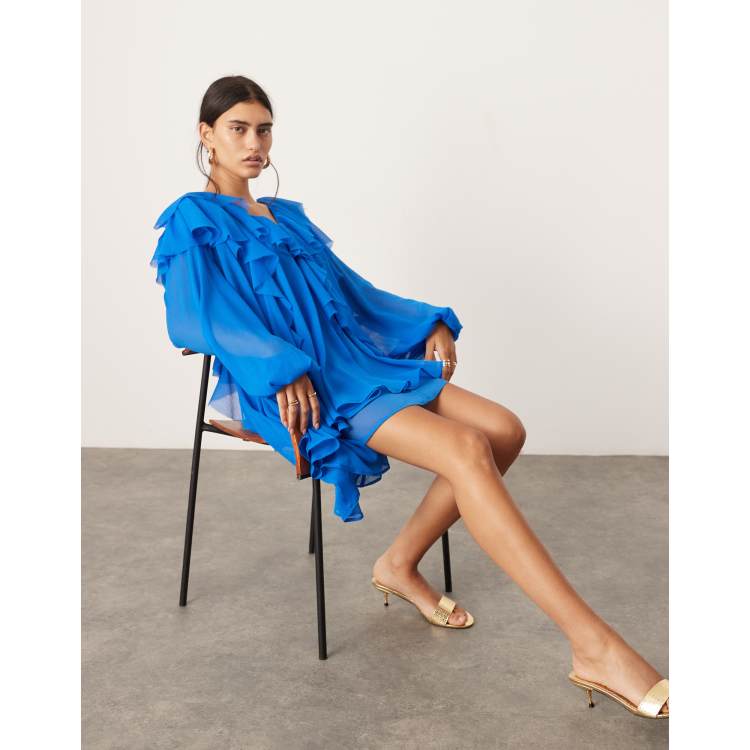 ASOS EDITION chiffon raw edge ruffle mini dress in cobalt blue | ASOS
