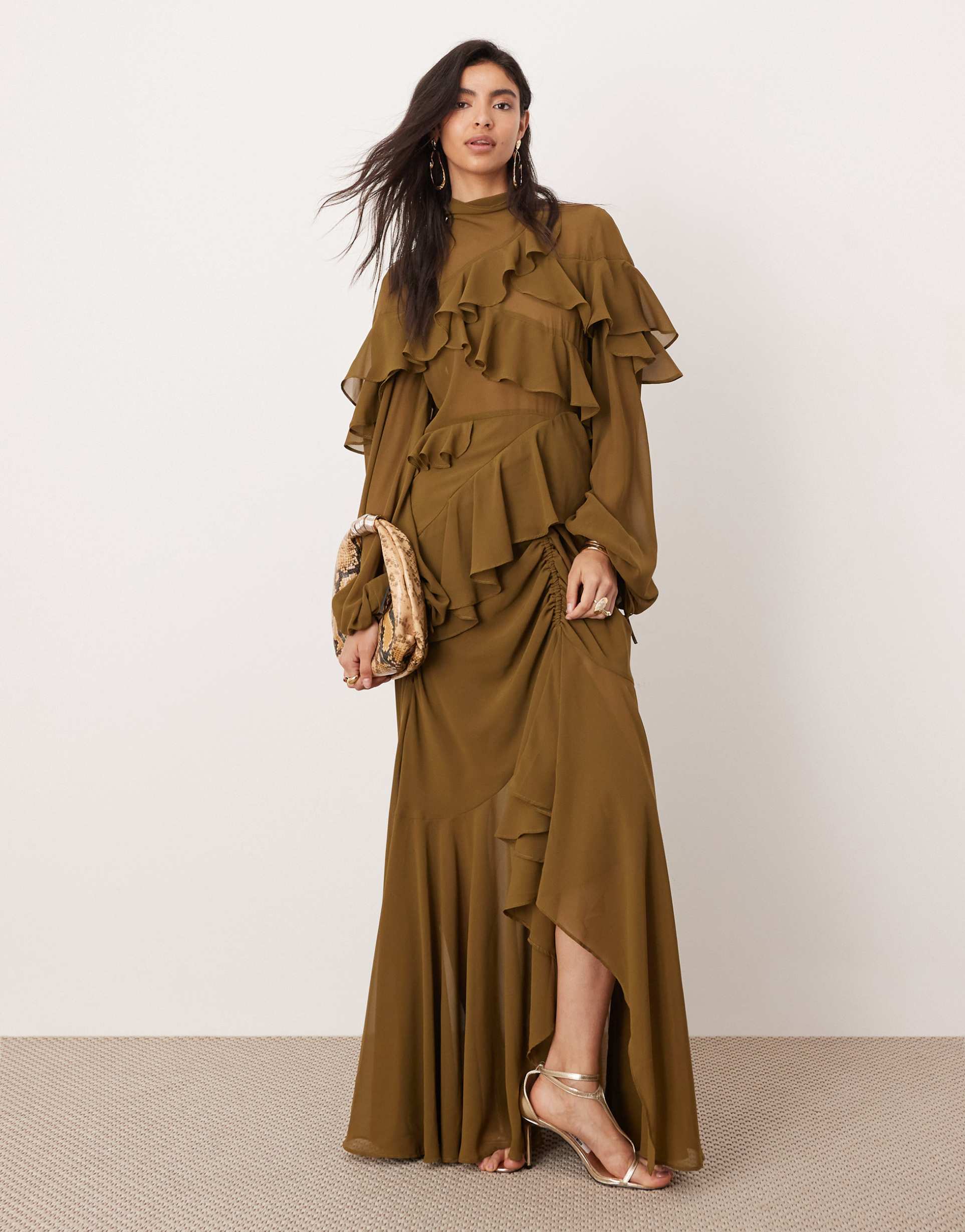 asos edition chiffon ruffle asymmetric maxi dress in dark olive green