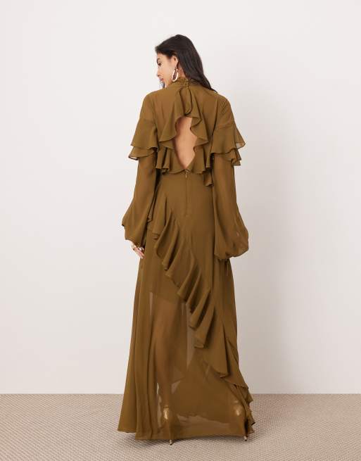 ASOS EDITION chiffon ruffle asymmetric maxi dress in dark olive green, 2 of 4