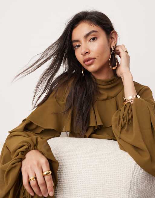 ASOS EDITION chiffon ruffle asymmetric maxi dress in dark olive green, 4 of 4