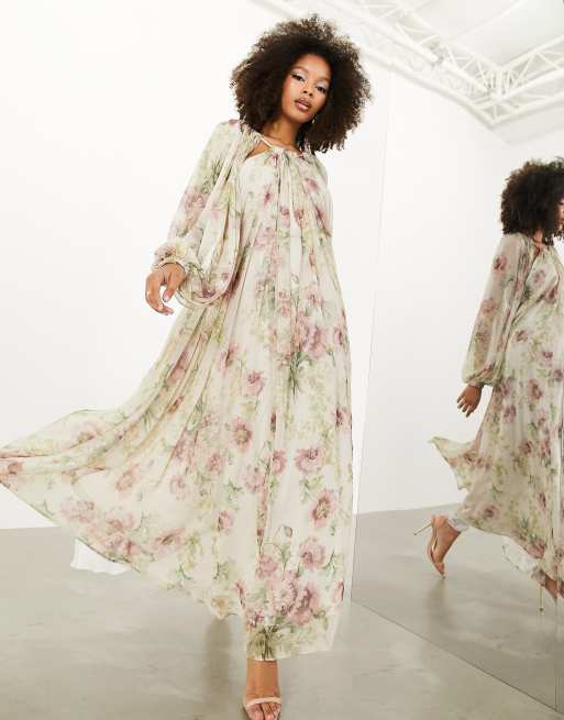 Bell-Sleeve Floral Maxi Chiffon Dress