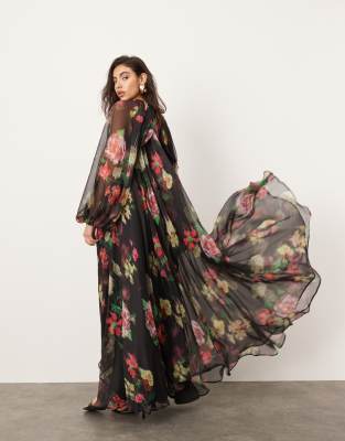 chiffon volume sleeve maxi dress in black base floral print-Multi