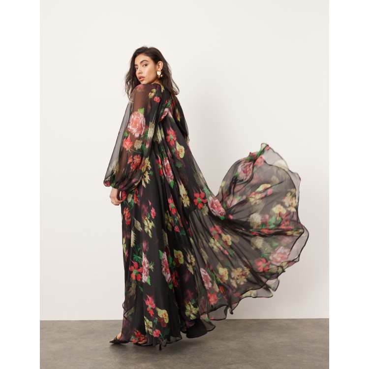 knee length dresses for ladies Plus Off Shoulder Long Sleeves Floral Chiffon Dress White / 3XL main image 1