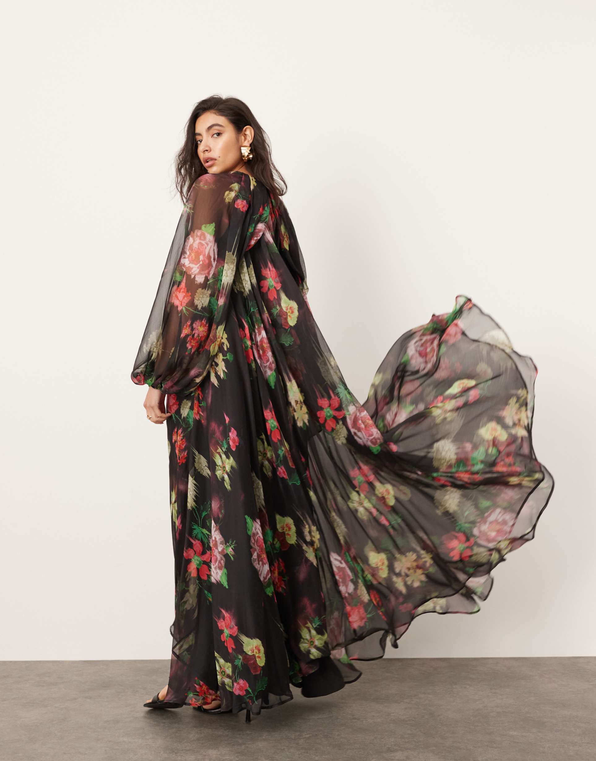 asos edition chiffon volume sleeve maxi dress in black base floral print