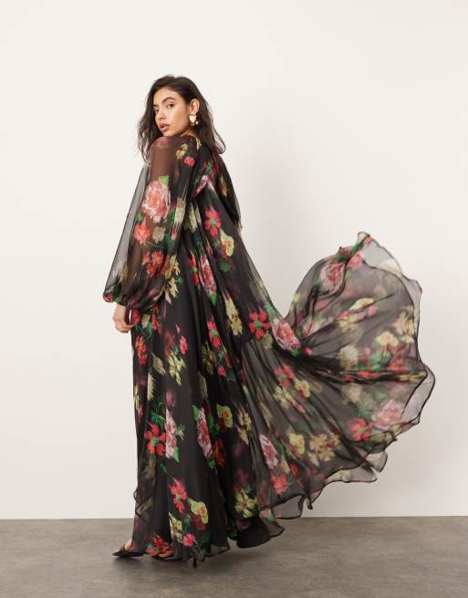 ASOS EDITION chiffon volume sleeve maxi dress in black base floral print