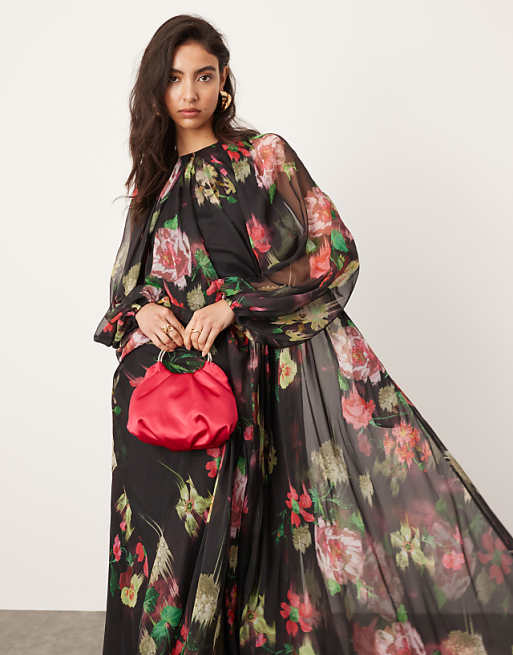 long sleeve chiffon maxi dress Nuichan women's dress, floral in green size women who appreciate modest yet stunning fashion BHLDN Mae Long-Sleeve V-Neck Chiffon