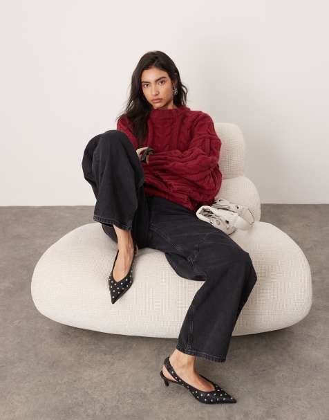 ASOS EDITION chunky cable knitted oversized jumper in burgundy - view 1