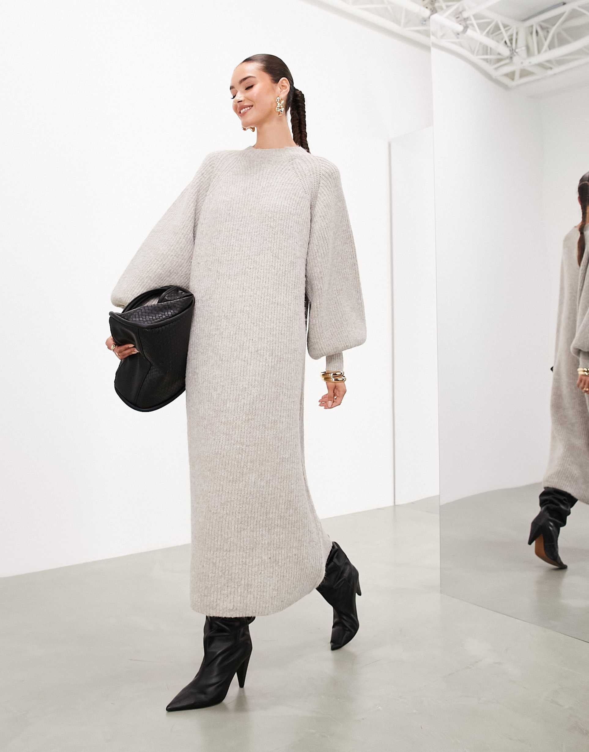 asos edition chunky crew neck knitted maxi dress in oatmeal