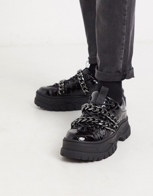 ASOS EDITION chunky croc leather creepers in black with chain