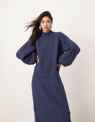 chunky high neck knit maxi dress in navy-Brown