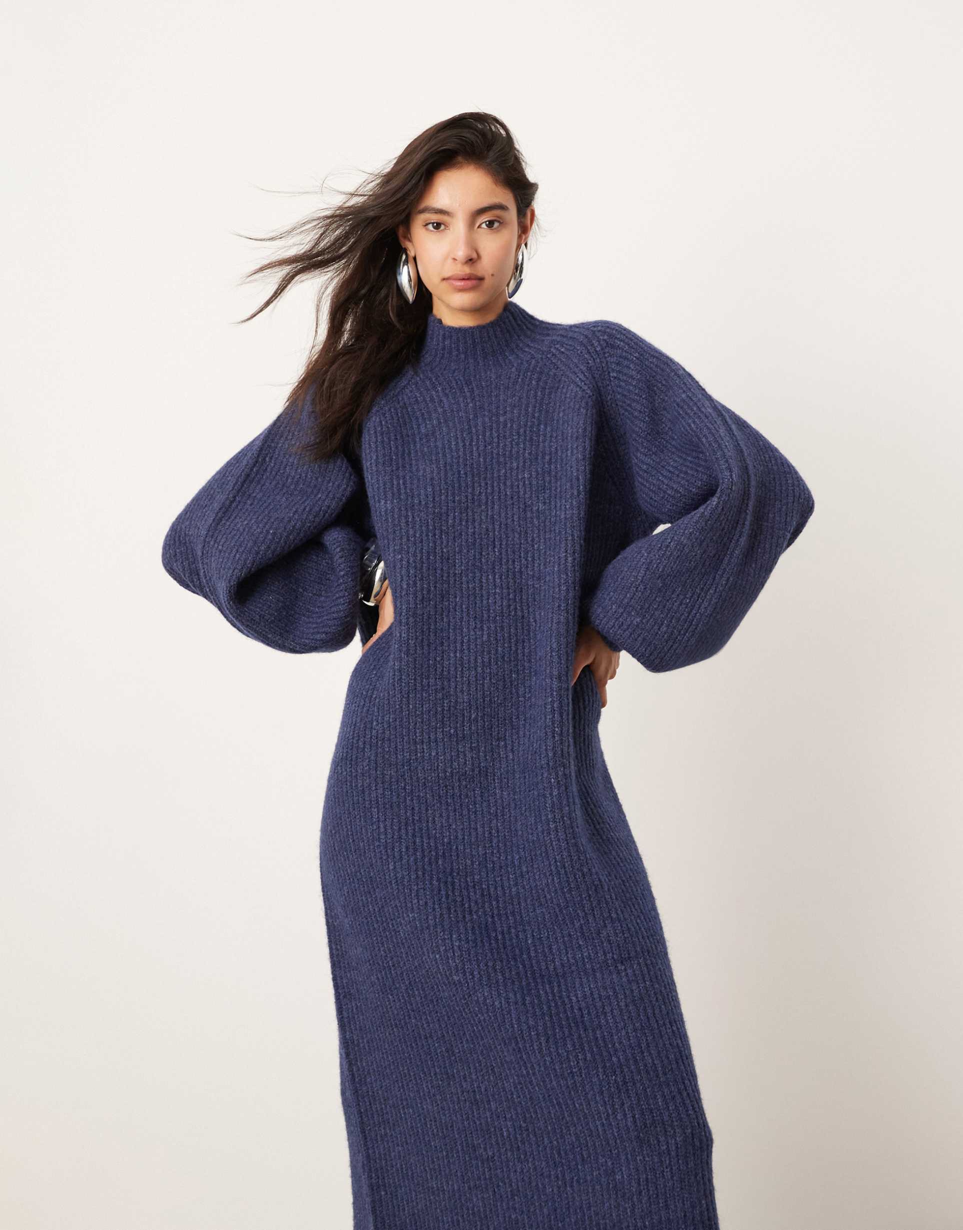 asos edition chunky high neck knit maxi dress in navy