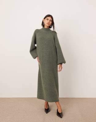 chunky high neck knitted maxi dress in khaki green