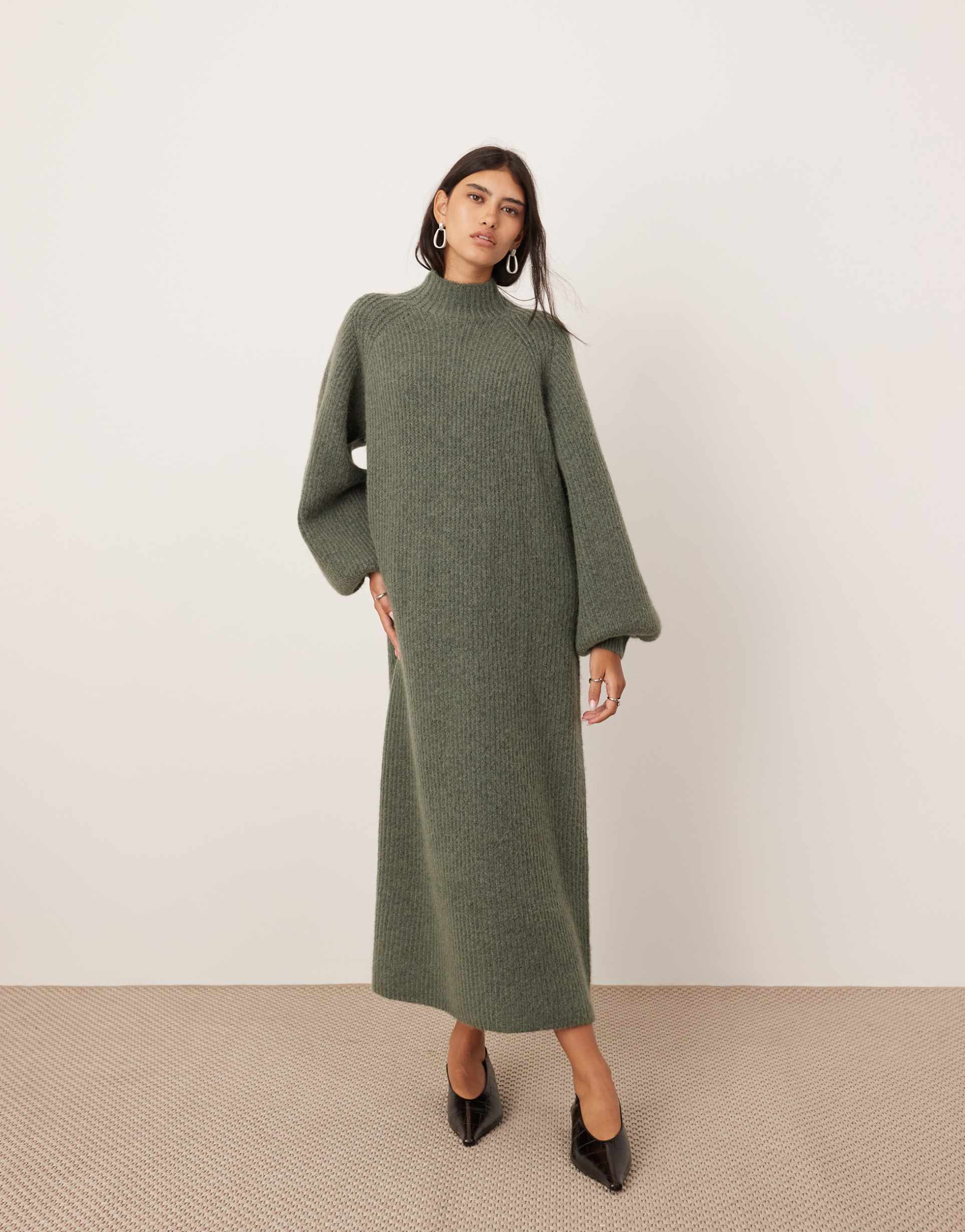 asos edition chunky high neck knitted maxi dress in khaki green