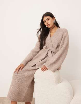 chunky knit wrap longline cardigan in taupe - part of a set-Brown