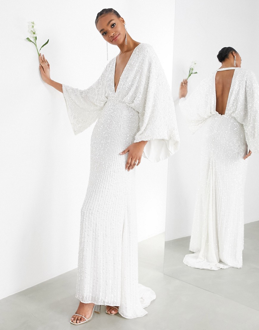 ASOS EDITION – Ciara – Bröllopsklänning med paljetter och kimonoärm-Vit