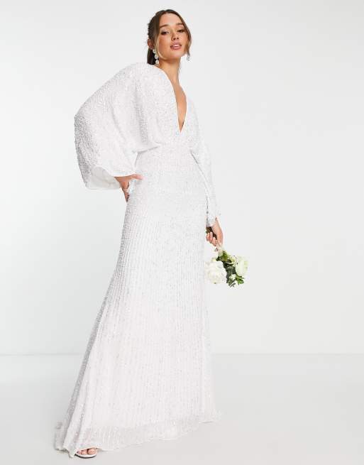 ASOS EDITION - Ciara - Trouwjurk met lovertjes en kimonomouw in ivoorwit