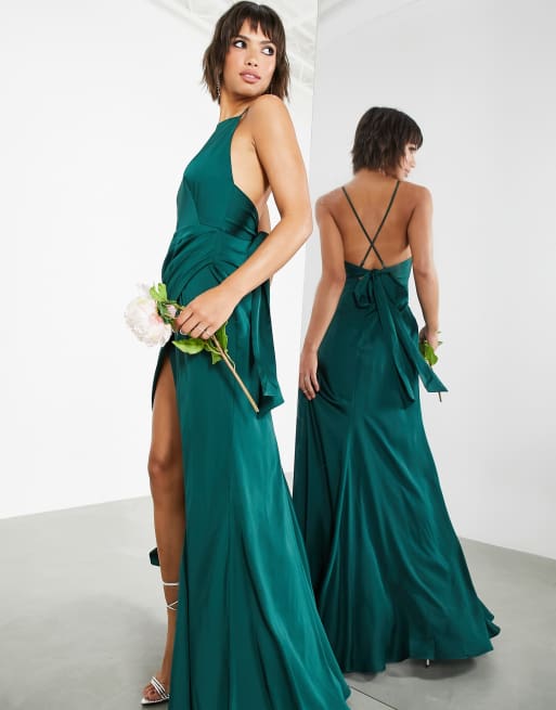 ASOS EDITION – Ciemnozielona atłasowa sukienka maxi z dekoltem karo i rozcięciem z boku