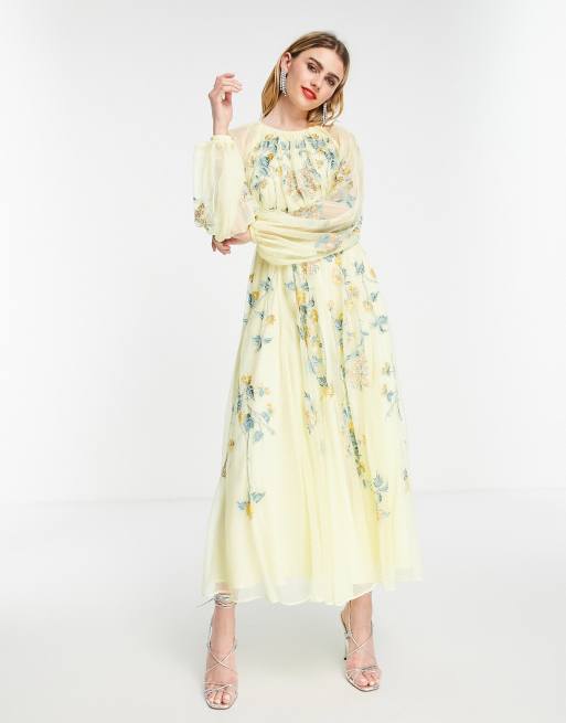 ASOS EDITION - Citrongul midikjole i mesh med blomsterbroderi og blouson-ærmer, 3 af 4