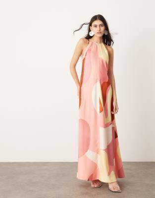 halter trapeze maxi dress Multi Colored Draped Floral Chiffon Halter Trapeze Gown