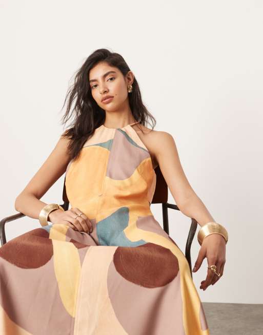 ASOS EDITION clean halter trapeze maxi dress with pockets in abstract print