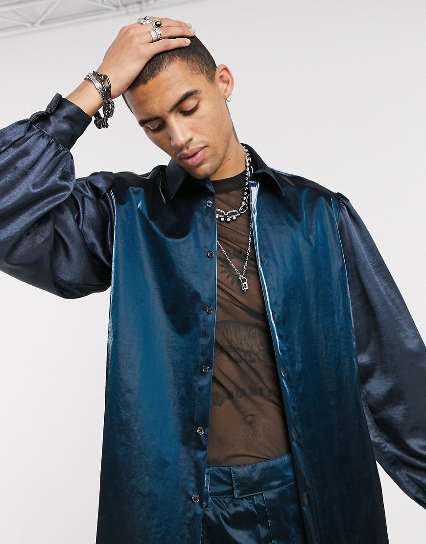 ASOS EDITION co-ord regular fit cut & sew satin & nylon shirt with balloon sleeves in navy