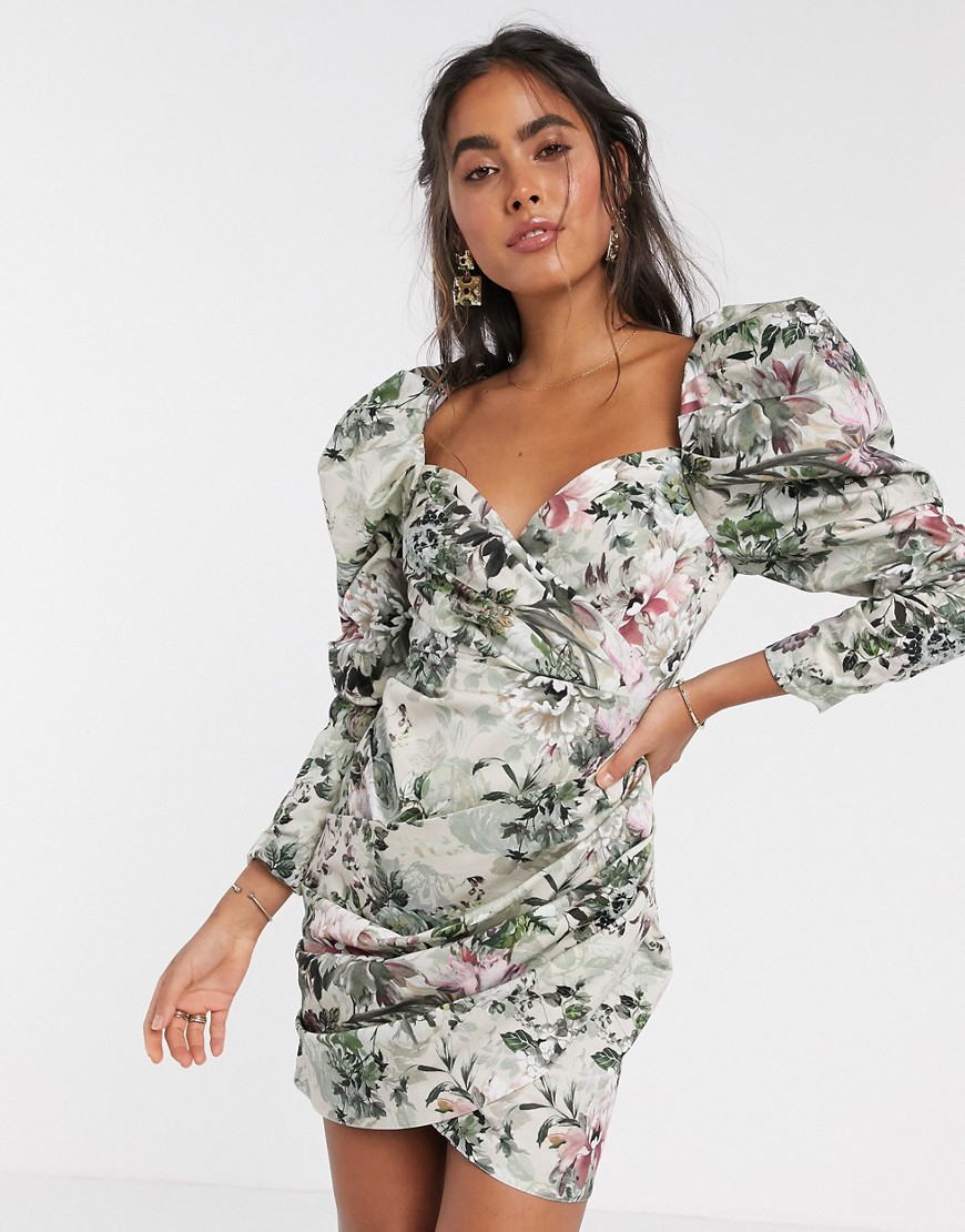 ASOS EDITION cocktail mini dress with puff sleeve in shadow floral print-Multi