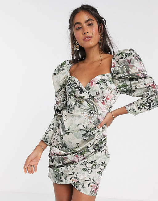 ASOS EDITION cocktail mini dress with puff sleeve in shadow floral print