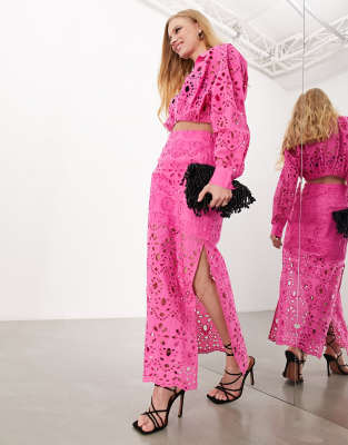 Asos Design Column Eyelet Midi Skirt With Side Splits In Pink