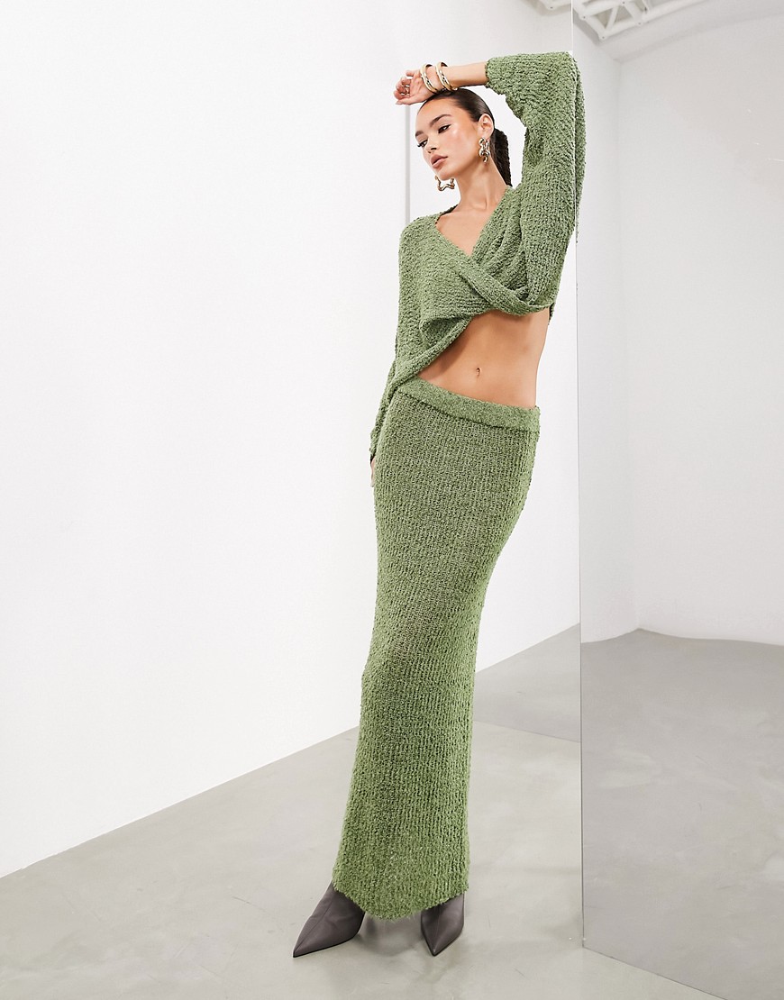 Asos Design Column Knit Semi Sheer Maxi Skirt In Moss Green