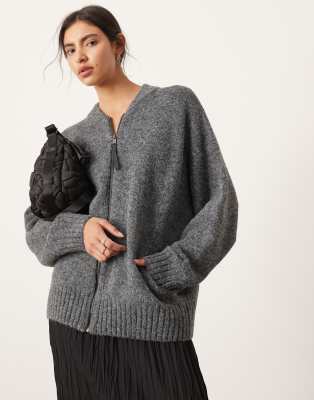 compact knit zip up cardigan in charcoal gray