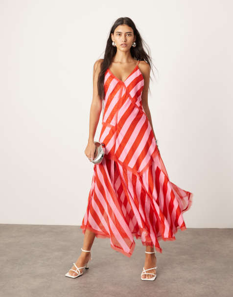 ASOS EDITION contrast fabric cami midi dress with hanky hem in colour block stripe - view 1