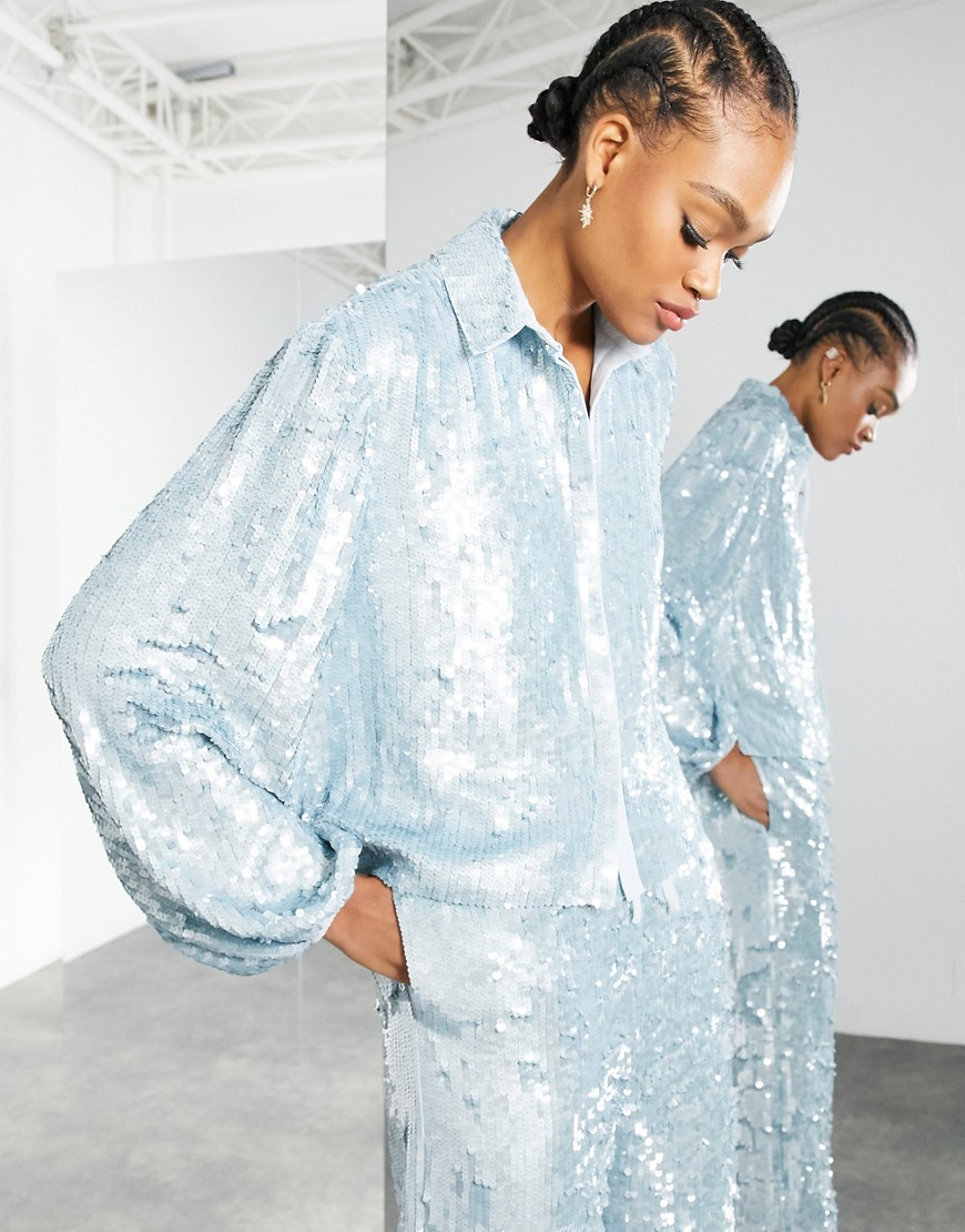 ASOS EDITION coordinating sequin shirt with blouson sleeves in pale blue-Blues