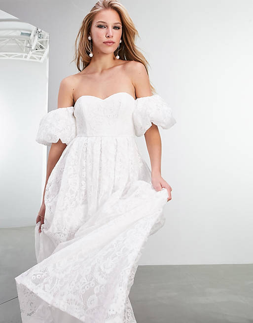  Cora lace off shoulder wedding dress with puff sleeve 