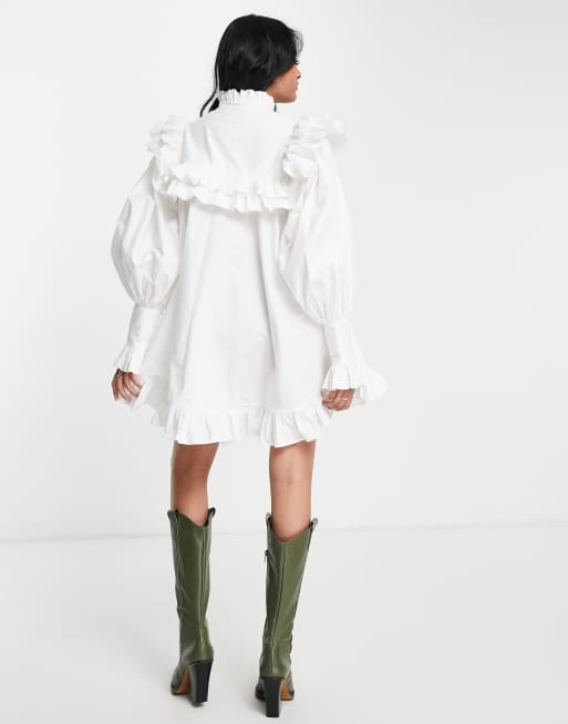 ASOS EDITION cotton ruffle yoke mini dress in white, 2 of 4