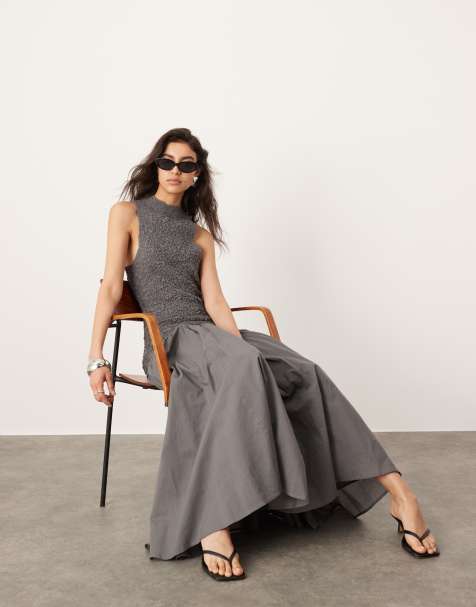 ASOS EDITION cotton shirred high neck midi dress with drop waist in charcoal 