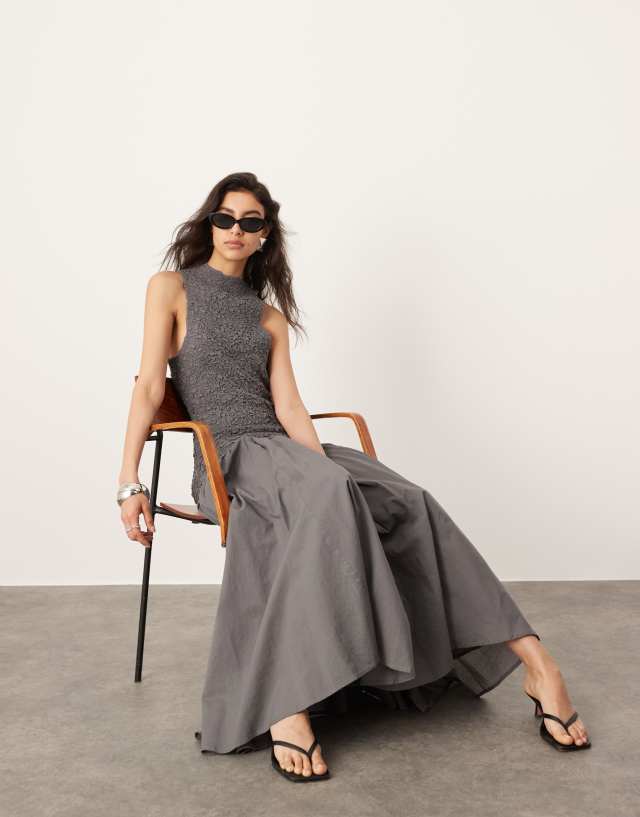 ASOS EDITION - cotton shirred high neck midi dress with drop waist in charcoal