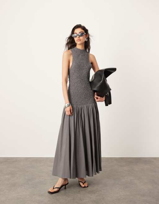 ASOS EDITION cotton shirred high neck midi dress with drop waist in charcoal