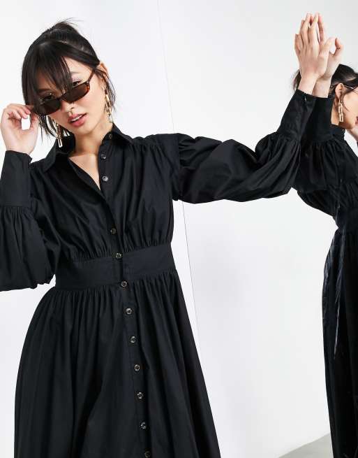 ASOS EDITION cotton shirt dress with blouson sleeve in black, 3 of 4