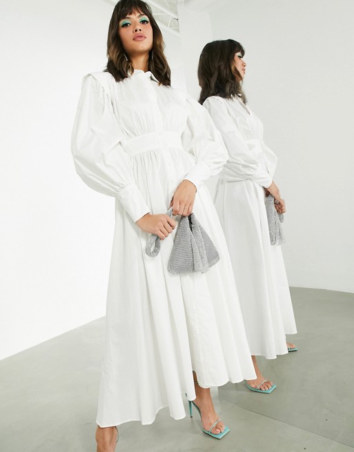 ASOS EDITION cotton shirt dress with blouson sleeve in white