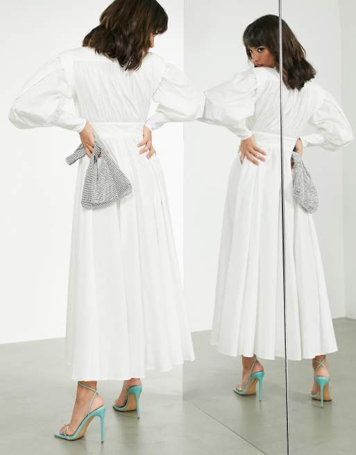 ASOS EDITION cotton shirt dress with blouson sleeve in white, 3 of 4