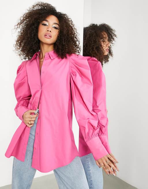 ASOS EDITION cotton shirt with oversized puff sleeve in bright pink | ASOS