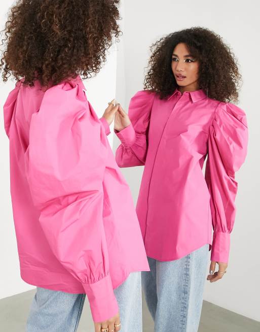 ASOS EDITION cotton shirt with oversized puff sleeve in bright