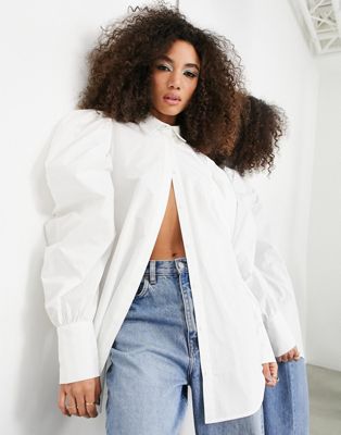 ASOS EDITION cotton shirt with oversized puff sleeve in white - ASOS Price Checker