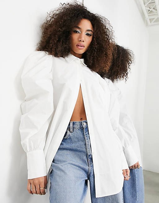  Shirts & Blouses/cotton shirt with oversized puff sleeve in white 