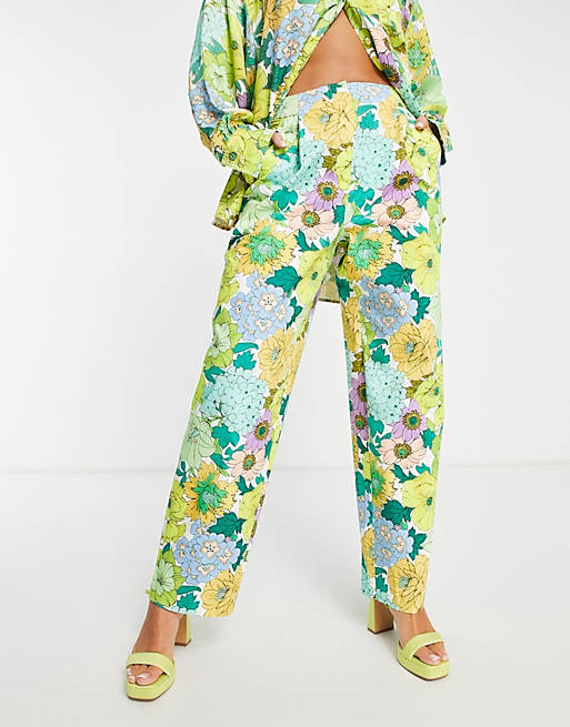 ASOS EDITION satin shirt & cotton tapered trouser in retro floral